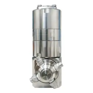 Shiny stainless steel industrial valve assembly with layered cylindrical sections and multiple port fittings at the base