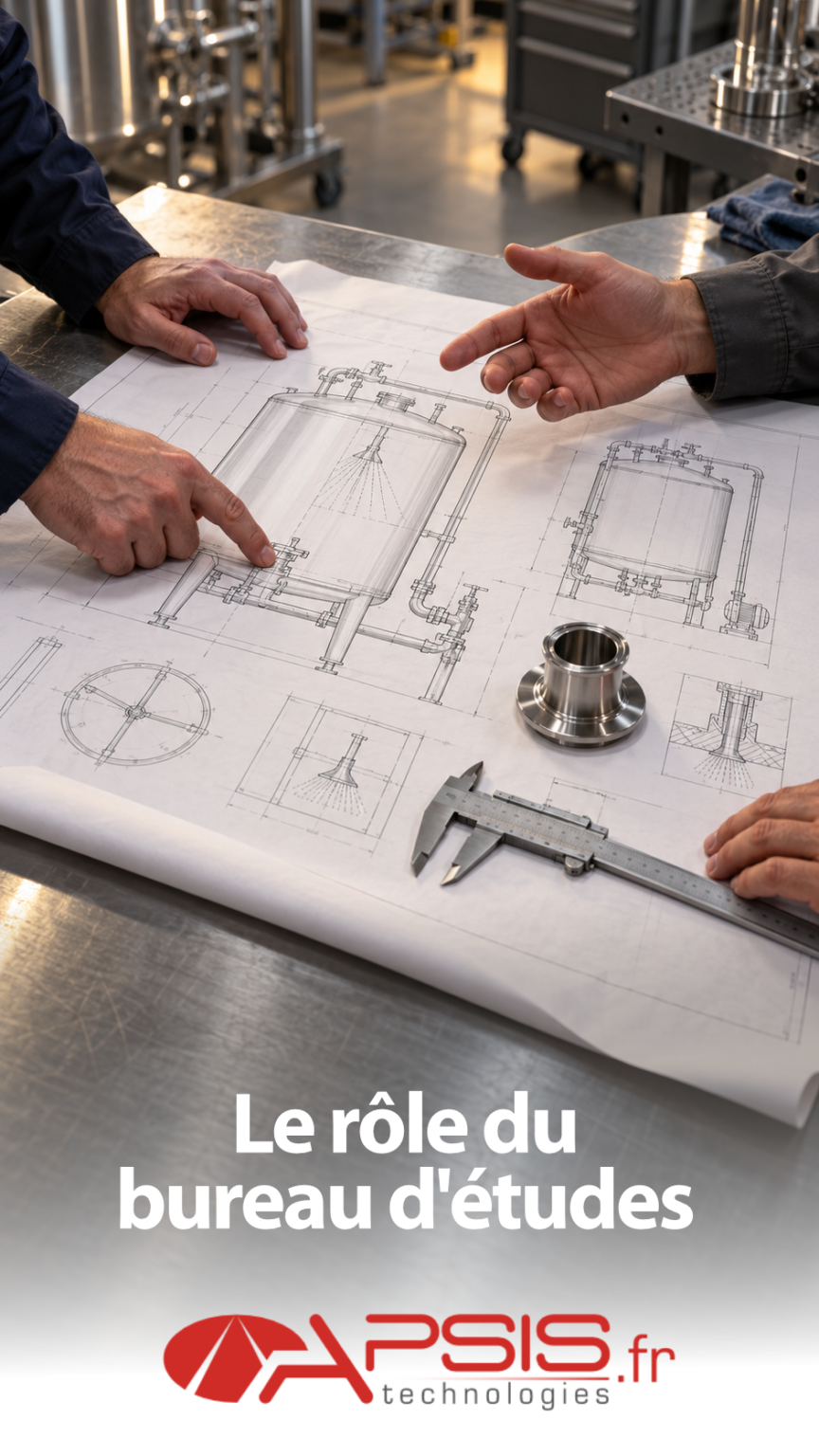 Deux personnes, mains seulement, échangent au-dessus d’un plan technique déroulé montrant des cuves équipées de têtes de lavage ; un pied à coulisse et un raccord inox sont posés sur le plan. Titre incrusté « Le rôle du bureau d’études »