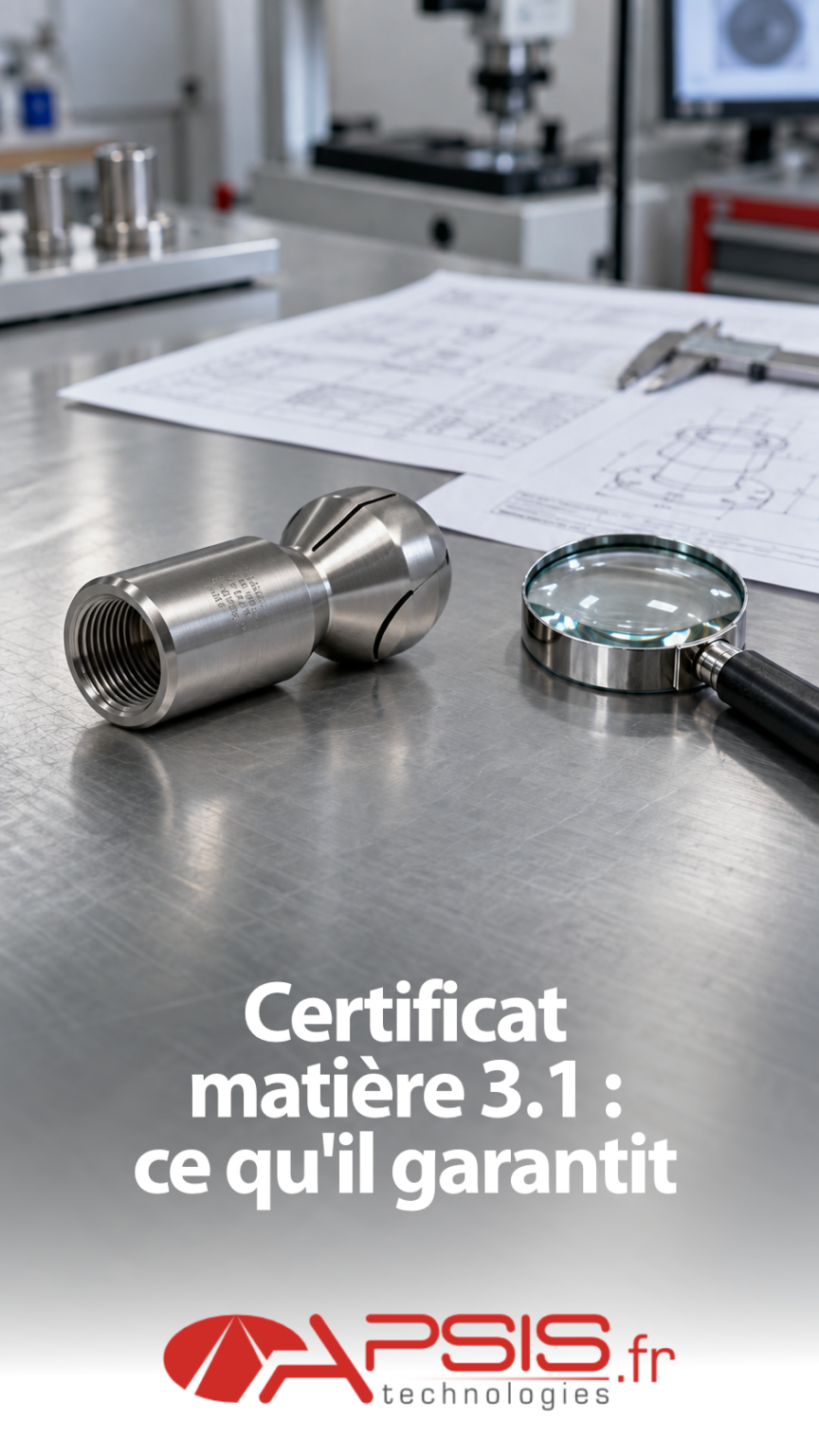 Pièce en acier inoxydable brossé posée sur un plan de travail métallique, à côté d’une loupe et de plans techniques ; banc de contrôle qualité flou en arrière-plan. Titre incrusté « Certificat matière 3.1 : ce qu’il garantit »