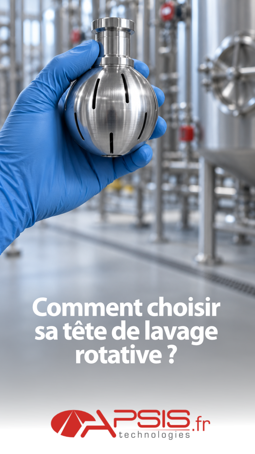 Main gantée de nitrile bleu tenant une tête de lavage rotative en acier inoxydable poli ; les orifices en fente usinés dans la sphère sont nettement visibles, atelier industriel flou en arrière-plan. Titre incrusté « Comment choisir sa tête de lavage rotative ? »