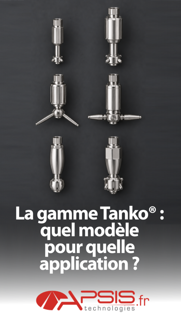 Six têtes de lavage en acier inoxydable de formes et de tailles différentes, disposées en grille régulière sur un fond gris anthracite mat, éclairage d’studio homogène. Titre incrusté « La gamme Tanko® : quel modèle pour quelle application ? »