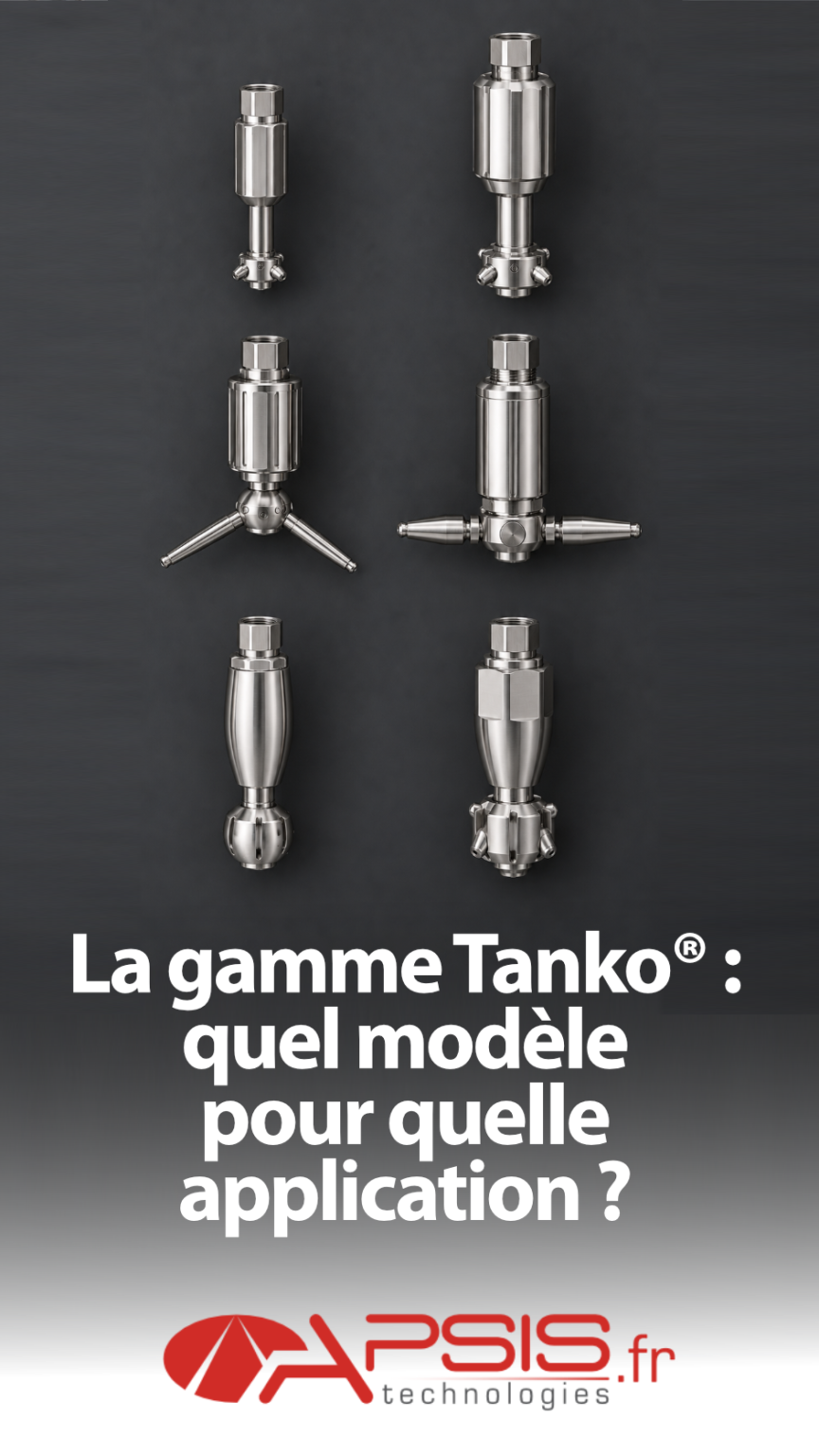 Six têtes de lavage en acier inoxydable de formes et de tailles différentes, disposées en grille régulière sur un fond gris anthracite mat, éclairage d’studio homogène. Titre incrusté « La gamme Tanko® : quel modèle pour quelle application ? »