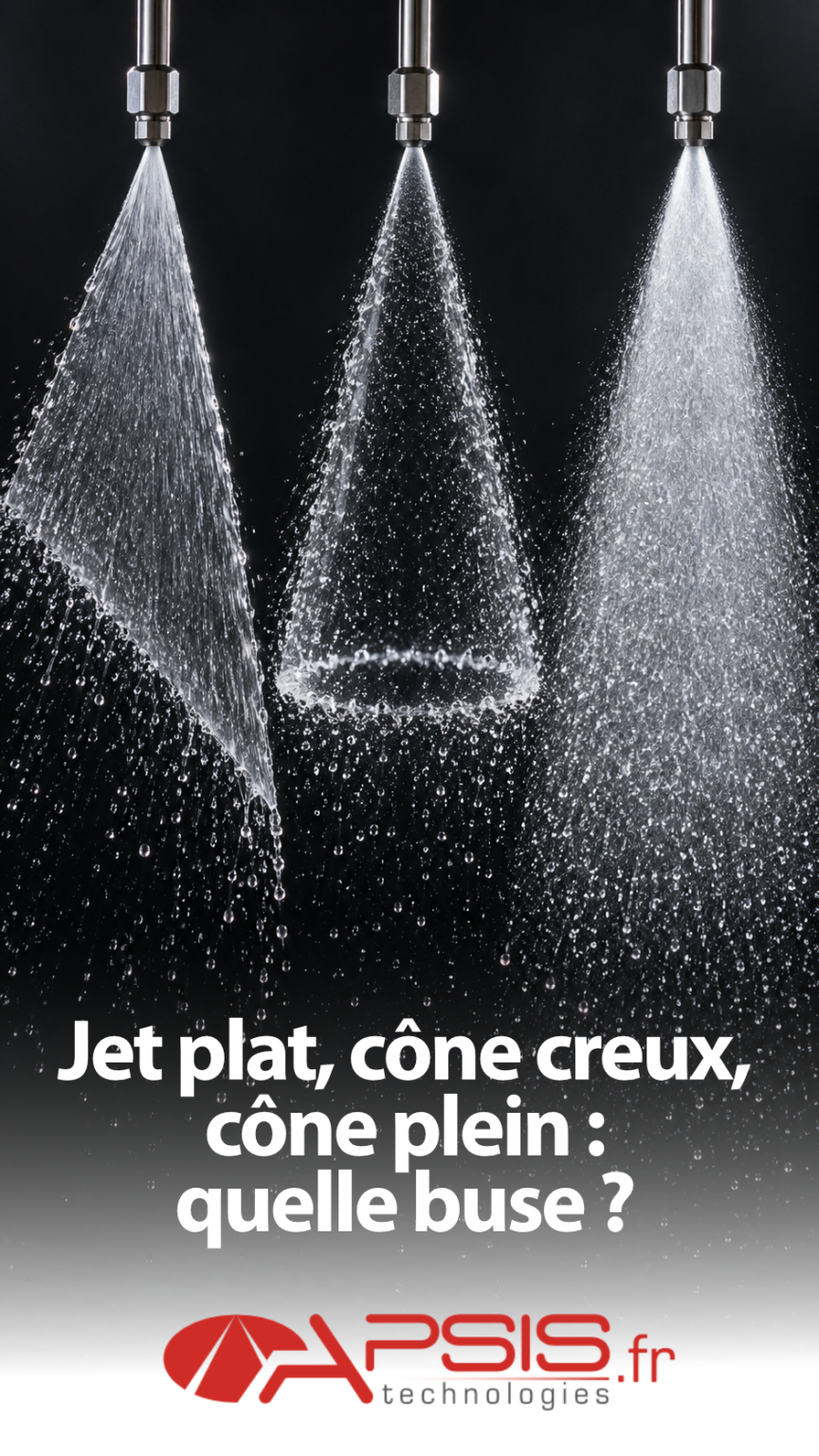 Trois buses de pulvérisation alignées sur fond noir, chacune produisant un jet figé au flash : une lame plate à gauche, un cône creux formant un anneau au centre, un cône plein dense à droite. Titre incrusté « Jet plat, cône creux, cône plein : quelle buse ? »