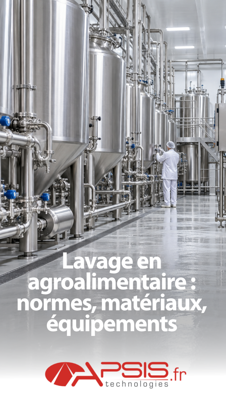 Atelier agroalimentaire immaculé : alignement de cuves coniques en acier inoxydable, tuyauterie soudée polie, sol résiné clair ; un opérateur en blouse blanche et charlotte, vu de dos, contrôle un raccord. Titre incrusté « Lavage en agroalimentaire : normes, matériaux, équipements »