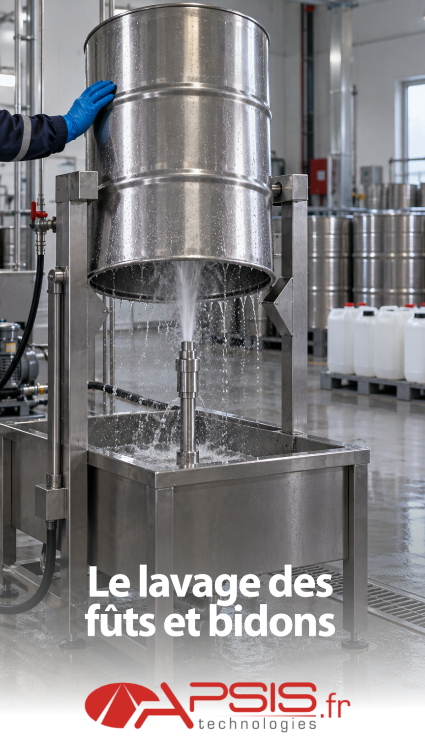 Poste de lavage vertical en acier inoxydable : un fût métallique est posé tête en bas sur une tête de lavage qui projette l’eau à l’intérieur, une main gantée le maintient ; fûts et jerricans en arrière-plan. Titre incrusté « Le lavage des fûts et bidons »