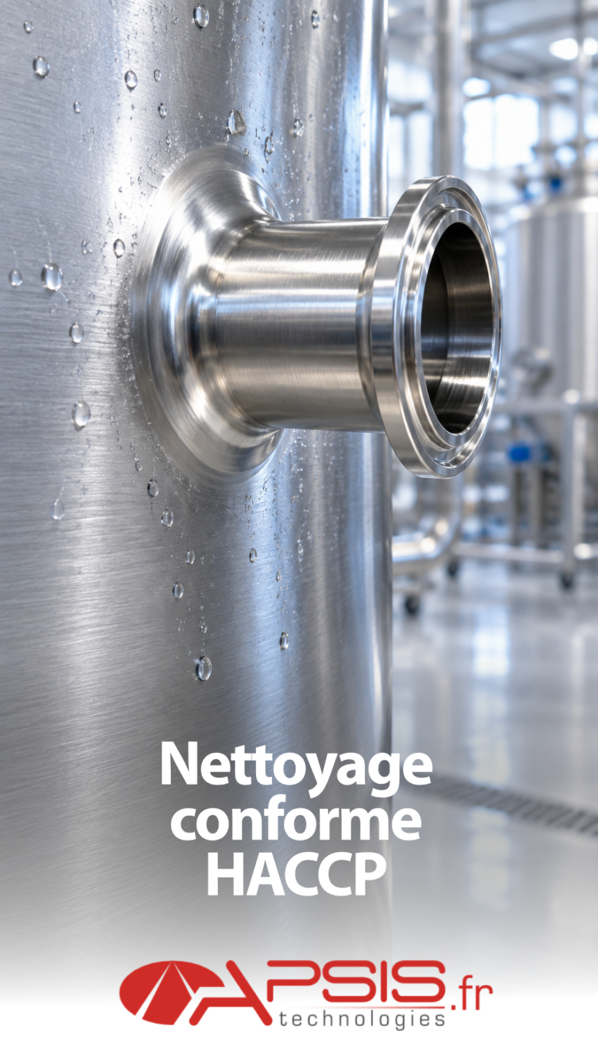 Gros plan sur un raccord hygiénique en acier inoxydable soudé à la paroi d’une cuve : surface polie sans aspérité, gouttes d’eau propre perlant sur le métal, atelier agroalimentaire flou derrière. Titre incrusté « Nettoyage conforme HACCP »