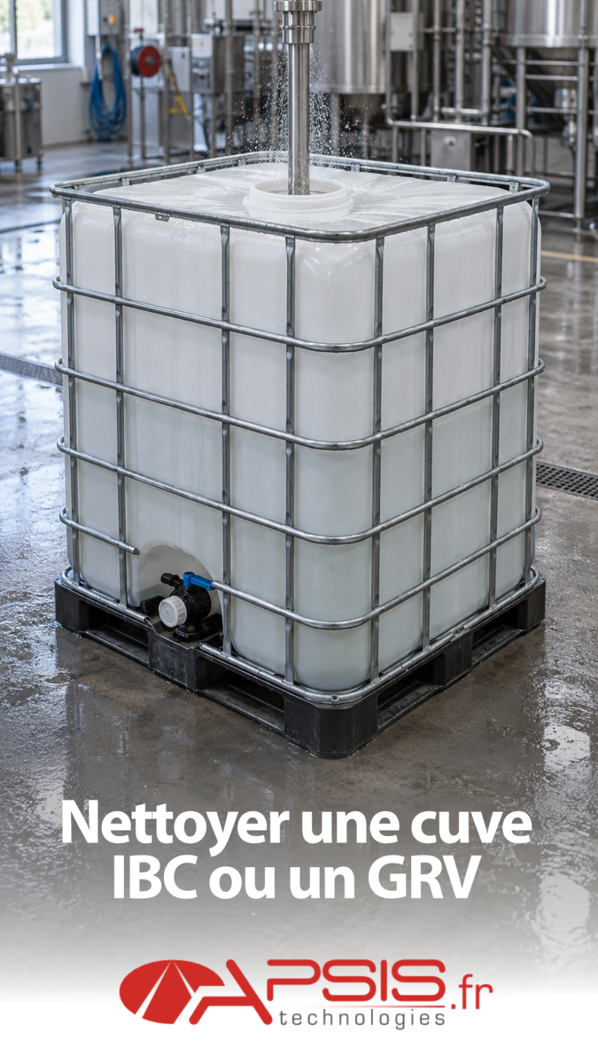 Conteneur GRV blanc de 1000 litres dans sa cage métallique sur palette ; une lance de lavage en inox descend par l’ouverture supérieure et projette de l’eau, sol d’atelier mouillé. Titre incrusté « Nettoyer une cuve IBC ou un GRV »