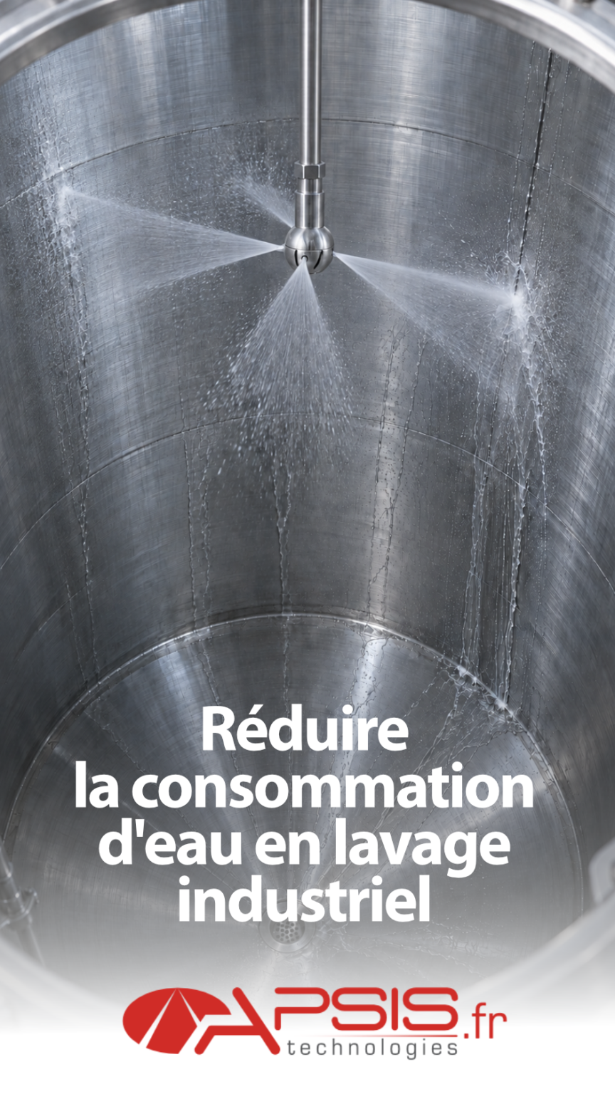 Intérieur d’une cuve en acier inoxydable : une tête de lavage rotative projette des jets fins en étoile vers les parois, l’eau ruisselle proprement vers l’évacuation au fond. Titre incrusté « Réduire la consommation d’eau en lavage industriel »