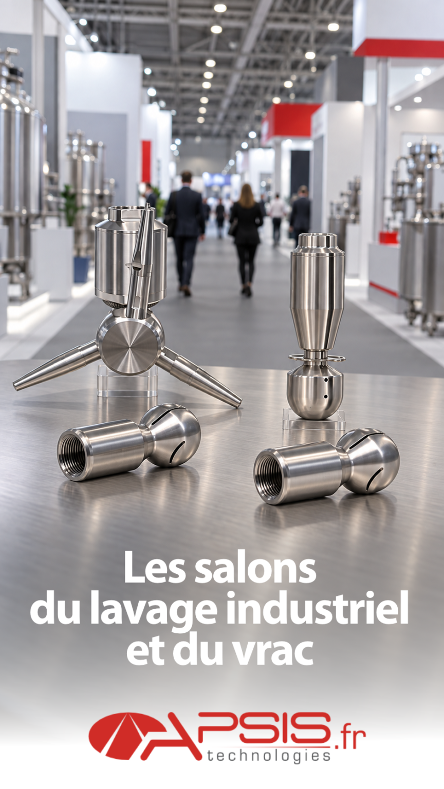 Allée de salon industriel, stands et visiteurs flous en arrière-plan ; au premier plan, quatre têtes de lavage en acier inoxydable posées sur un plan de présentation. Titre incrusté « Les salons du lavage industriel et du vrac »